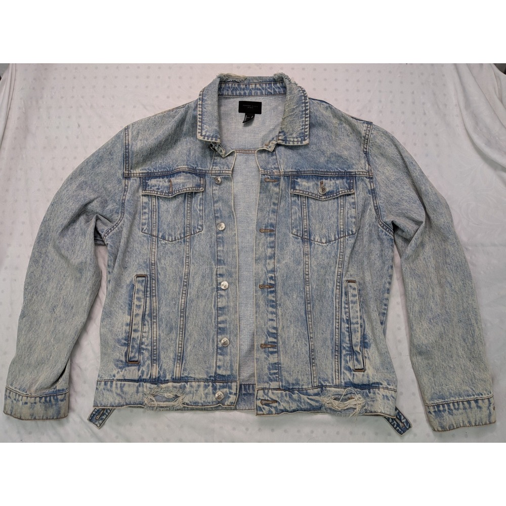 Forever 21 Jean Jacket Sky Blue Grunge Distressed Denim Button Up Men's Size XL